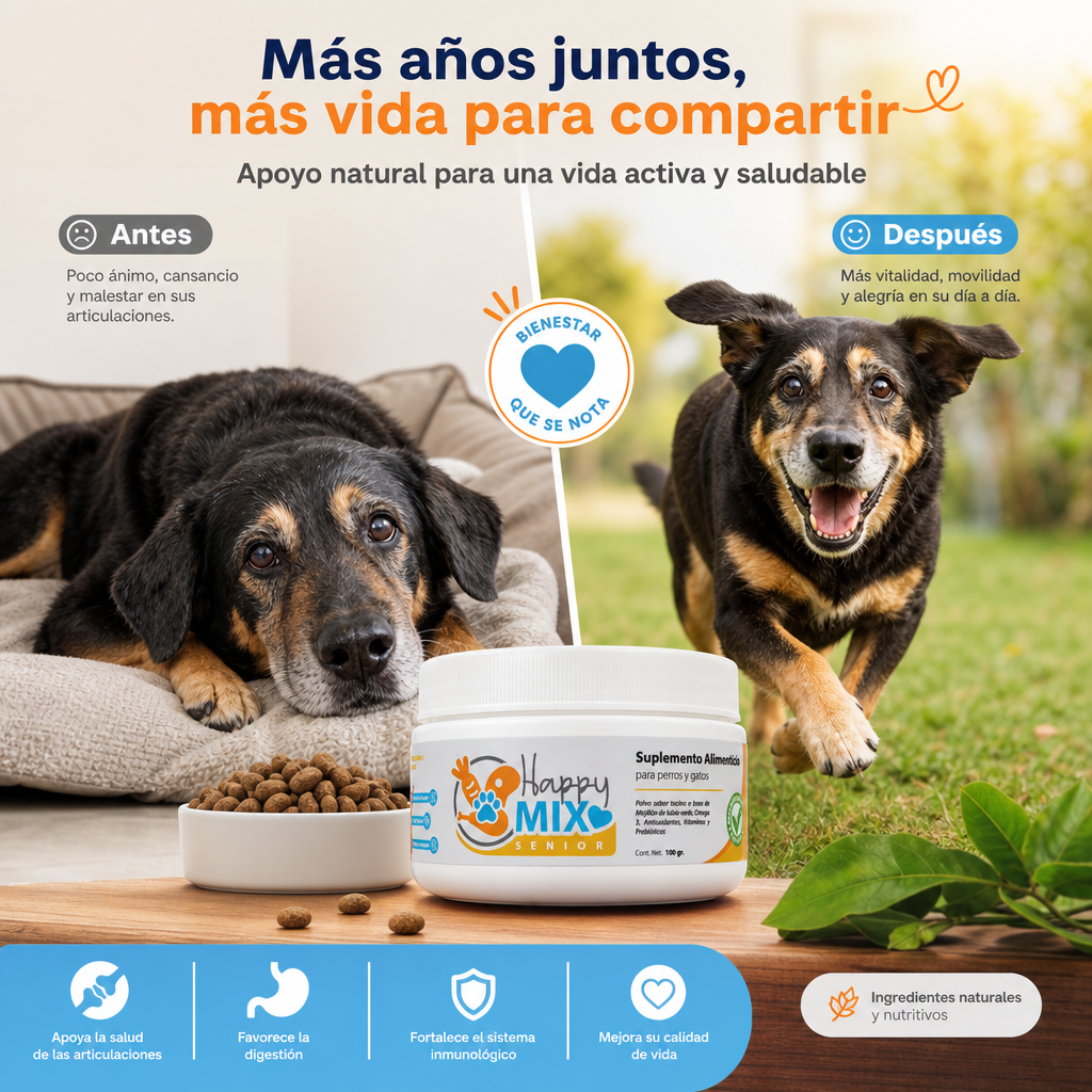 HappyMix Senior — antes y después, perro feliz y sin dolor